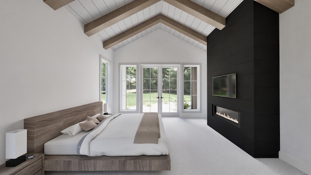 carpeted bedroom featuring a fireplace and lofted ceiling with beams