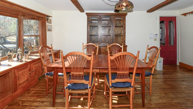 dining area with beamed ceiling and dark wood-type flooring