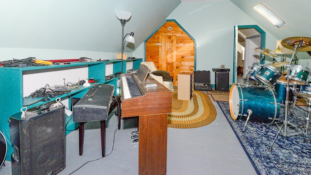 interior space with lofted ceiling with skylight