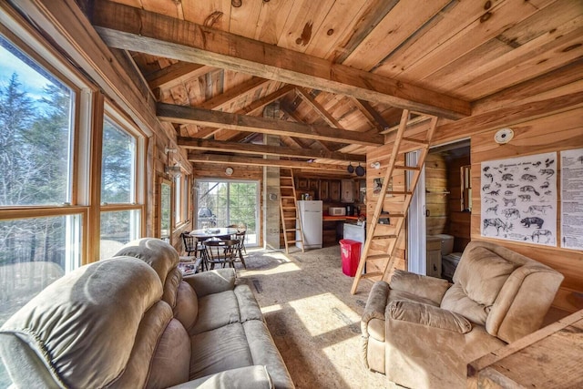0 Little Huston Brook Rd, Concord Twp, ME 04920 - living area with wooden walls, wooden ceiling, and carpet flooring