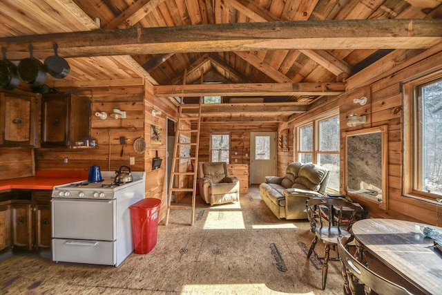 miscellaneous room with vaulted ceiling with beams, wood-type flooring, wood ceiling, and wooden walls