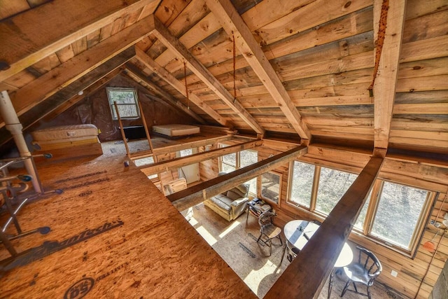 0 Little Huston Brook Rd, Concord Twp, ME 04920 - unfurnished living room featuring wood ceiling and vaulted ceiling