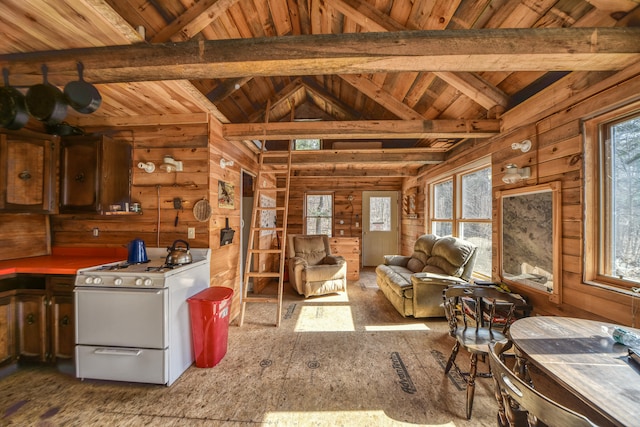 interior space with lofted ceiling with beams, a wealth of natural light, wooden walls, and wood ceiling