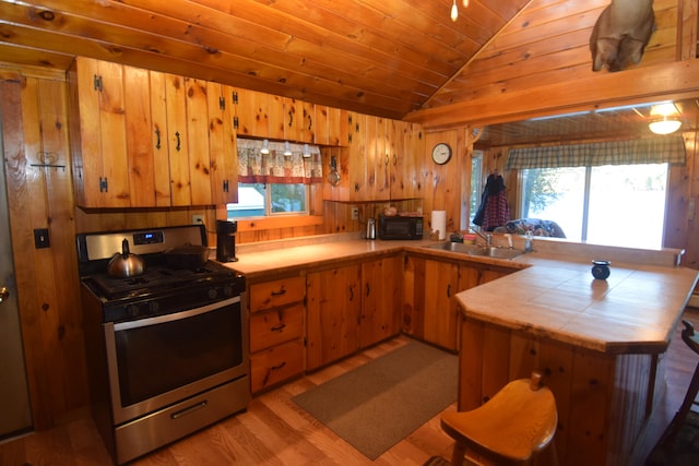 kitchen with vaulted ceiling, a healthy amount of sunlight, kitchen peninsula, and stainless steel range with gas stovetop