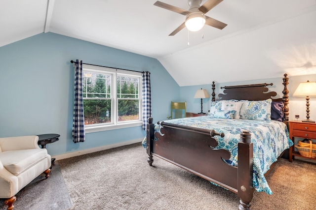 carpeted bedroom with ceiling fan and lofted ceiling