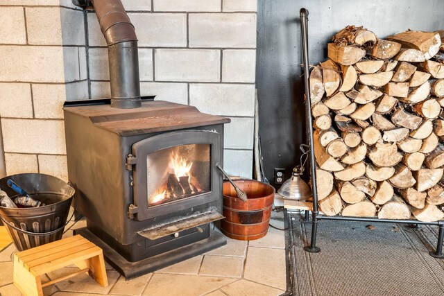 interior details with a wood stove