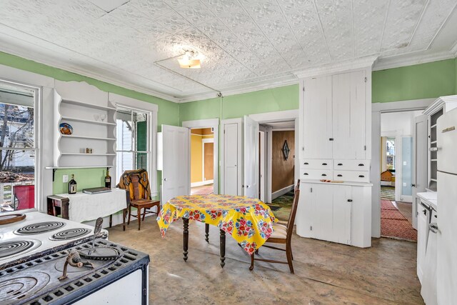 236 High St, Farmington, ME 04938 - kitchen featuring ornamental molding, an ornate ceiling, white cabinetry, gas range, and open shelves