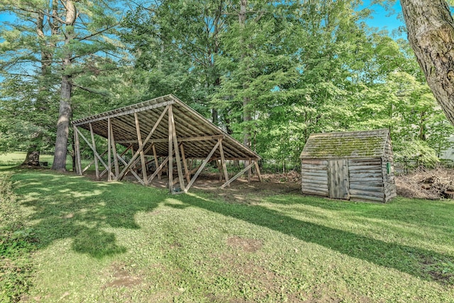 view of yard featuring a shed