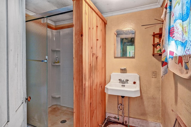 bathroom featuring sink, ornamental molding, and a shower with door