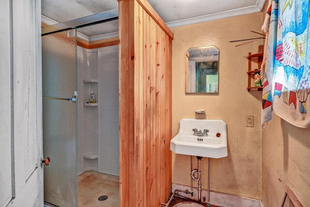 236 High St, Farmington, ME 04938 - bathroom with a stall shower, ornamental molding, and a sink
