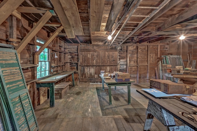 interior space featuring wood walls, wooden ceiling, and hardwood / wood-style flooring