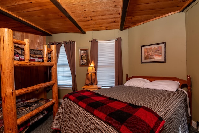 bedroom with lofted ceiling with beams and wooden ceiling