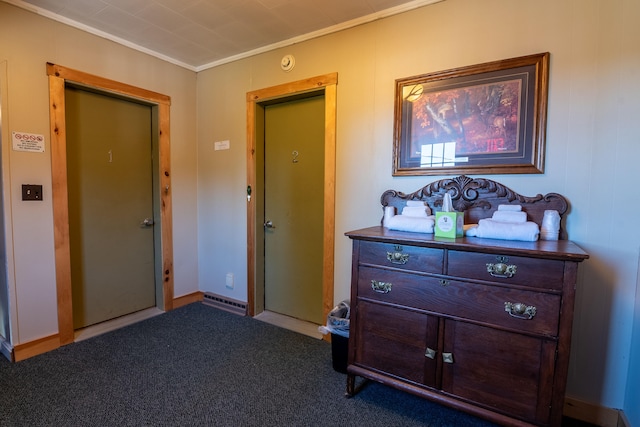 hall featuring carpet and crown molding