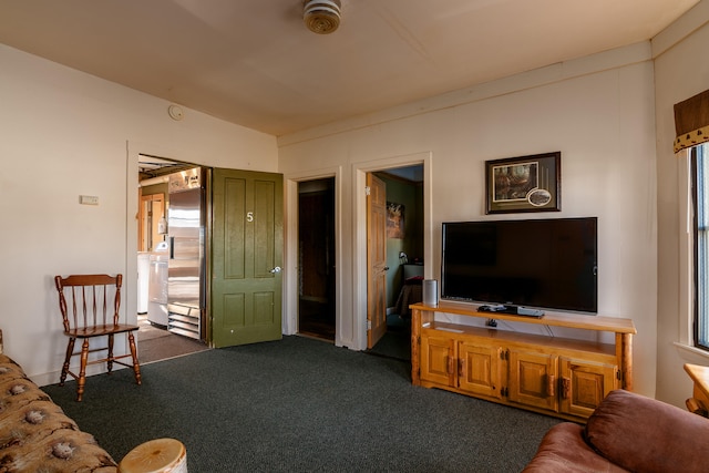 living room featuring washer / clothes dryer, a healthy amount of sunlight, and dark carpet