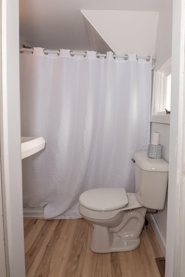 bathroom with wood-type flooring and toilet