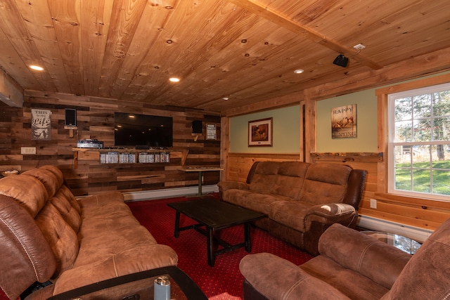 living room with wooden walls, carpet floors, and wooden ceiling