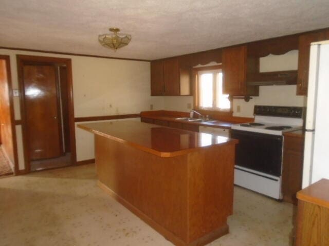 kitchen with sink, a kitchen island, range hood, and white electric stove