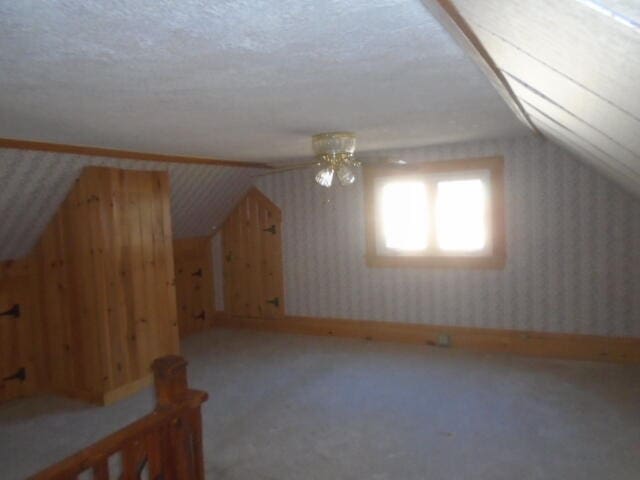 bonus room with a textured ceiling, carpet, and lofted ceiling