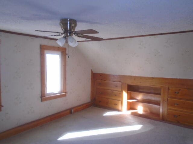 additional living space with vaulted ceiling and ceiling fan