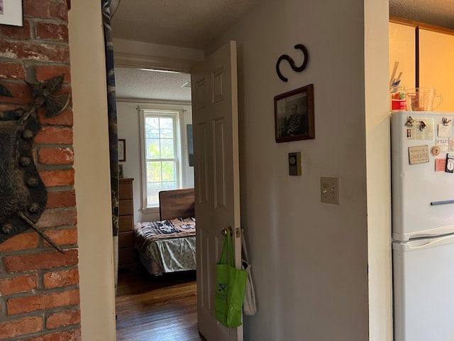 hallway with a textured ceiling and hardwood / wood-style flooring