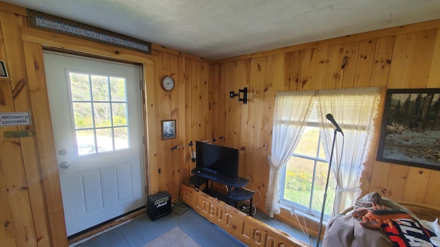 living room featuring wooden walls