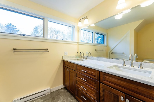 9 Jameson Point Rd Unit 10, Rockland, ME 04841 - full bathroom with baseboard heating, double vanity, and marble finish floors
