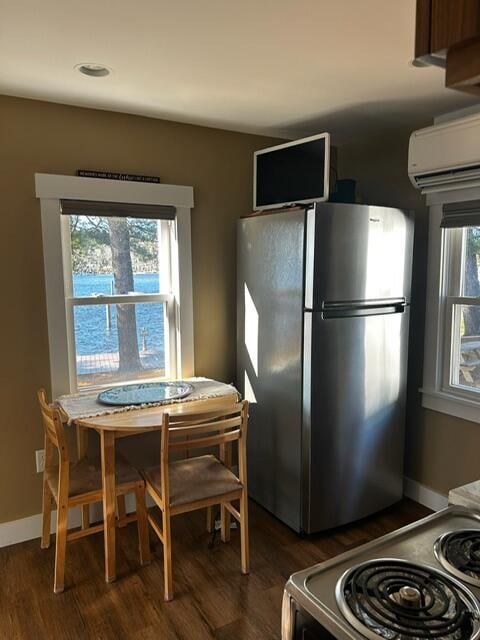 kitchen with plenty of natural light, dark hardwood / wood-style floors, a wall unit AC, and appliances with stainless steel finishes