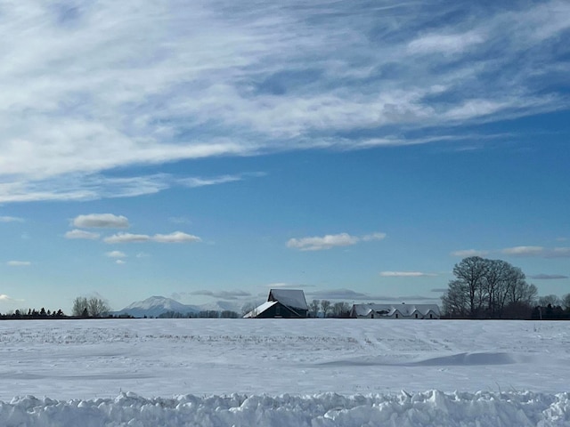 snowy yard featuring a mountain view