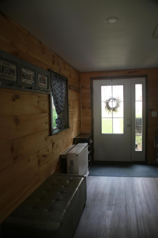 entrance foyer featuring wood walls and dark hardwood / wood-style flooring