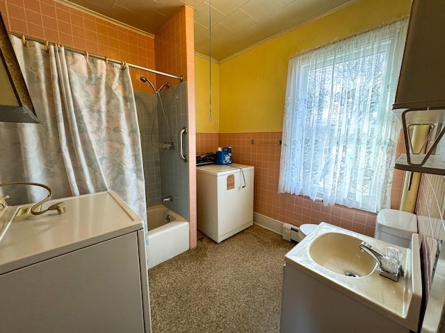 bathroom featuring shower / bath combination with curtain, crown molding, tile walls, and vanity