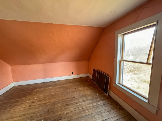 additional living space featuring plenty of natural light, wood-type flooring, and lofted ceiling