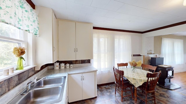 kitchen with ornamental molding, dark wood-type flooring, a healthy amount of sunlight, and sink