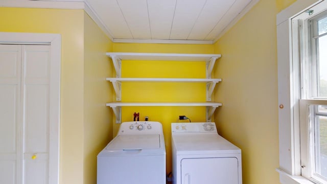 laundry area featuring washer and clothes dryer and crown molding