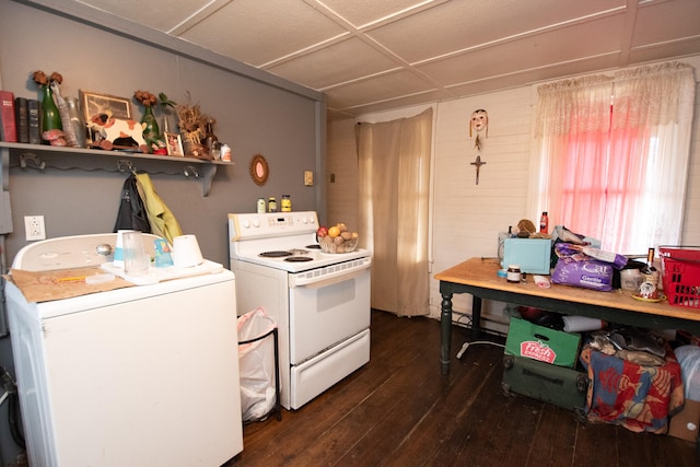 kitchen with white electric range, dark hardwood / wood-style floors, and washer / dryer