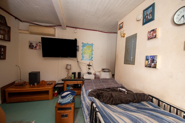 bedroom with beam ceiling and electric panel