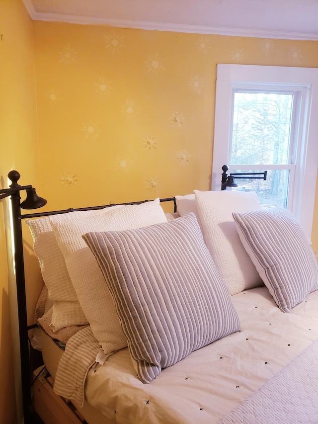 599 Plains Rd, Hollis, ME 04042 - bedroom with crown molding and wallpapered walls