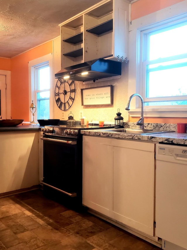 599 Plains Rd, Hollis, ME 04042 - kitchen featuring dishwasher, stove, exhaust hood, a sink, and a textured ceiling