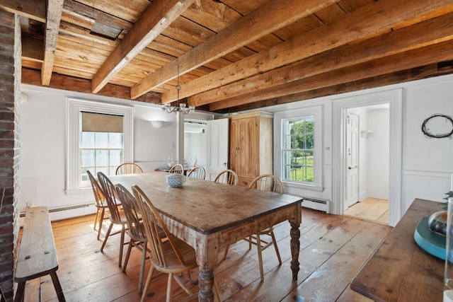 dining space with beamed ceiling, a healthy amount of sunlight, an inviting chandelier, and light hardwood / wood-style flooring