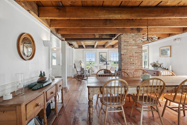 dining area featuring beamed ceiling, wood ceiling, and dark wood-type flooring