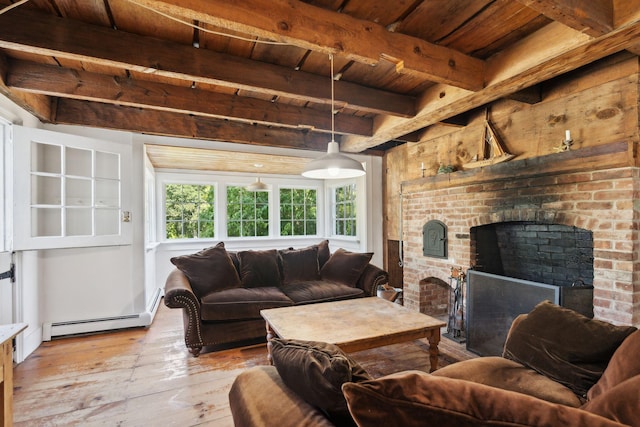 living room featuring light wood-type flooring, a fireplace, a baseboard heating unit, wooden ceiling, and beamed ceiling