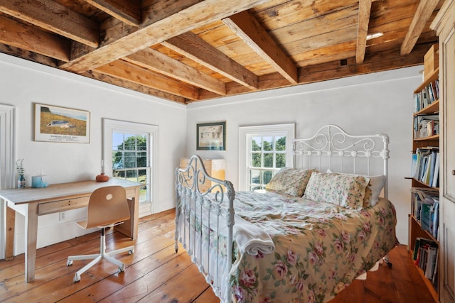 bedroom featuring beamed ceiling, wood-type flooring, wood ceiling, and multiple windows