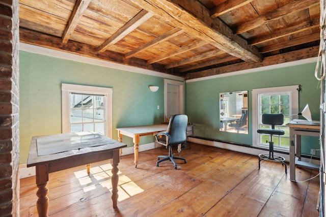 office area with beam ceiling, wood ceiling, and hardwood / wood-style flooring