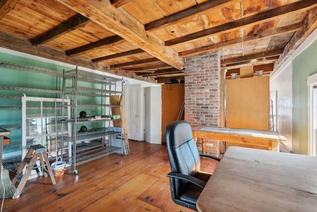 office space with hardwood / wood-style floors, wooden ceiling, and beam ceiling