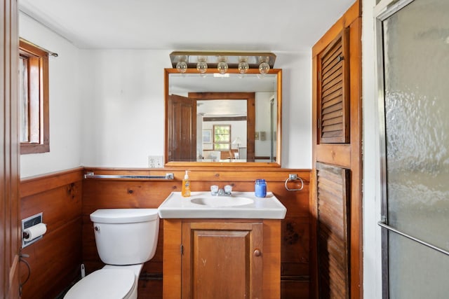 bathroom with vanity, an enclosed shower, and toilet