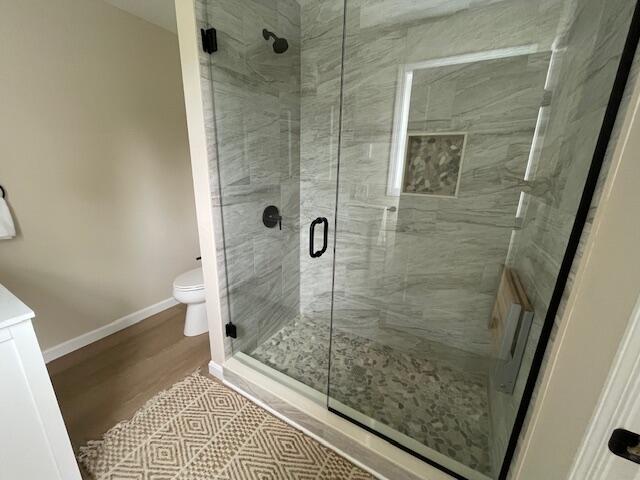 bathroom with toilet, vanity, a shower with door, and hardwood / wood-style flooring