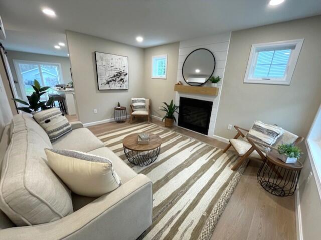 living room with a large fireplace and wood-type flooring