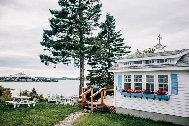 view of dock featuring a deck with water view and a yard