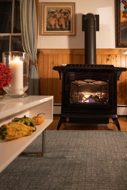 interior details featuring a baseboard heating unit, a wood stove, wainscoting, wood walls, and wood finished floors