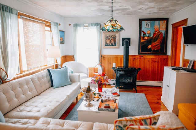 living room with wainscoting, a baseboard radiator, wood finished floors, and a wood stove