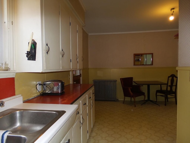 kitchen with white cabinets, radiator heating unit, sink, and ornamental molding